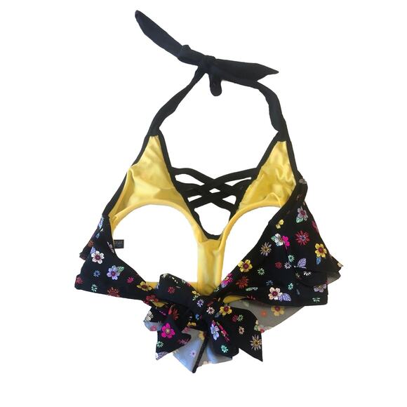 NEW California Waves Plus Black Floral Bikini Top Bralette Halter Sz 22/24 - Picture 2 of 4